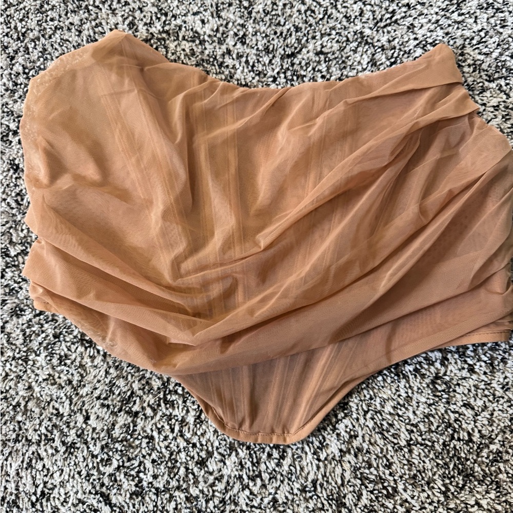 Revolve- superdown Strapless Draped Bodysuit in Camel